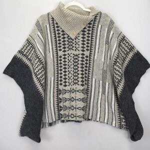 Yaira Taupe Brown Knit Poncho OS Cowl Neck Button Cape Boho Fair Isle Knit Cape